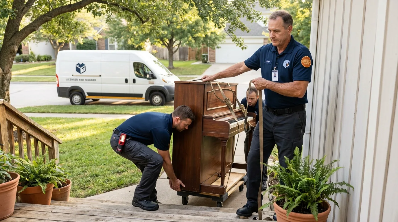 Licensed piano movers securing grand piano in Central Valley, NY