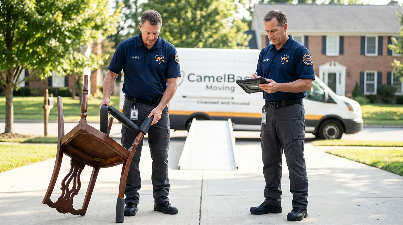 Movers inspecting furniture for damage prevention before loading in Central Valley, NY