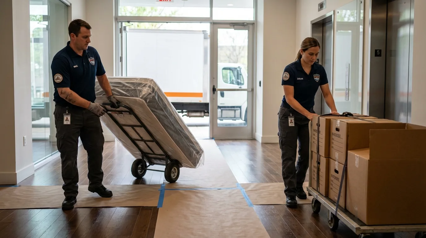 Professional apartment movers loading elevator in Central Valley, NY